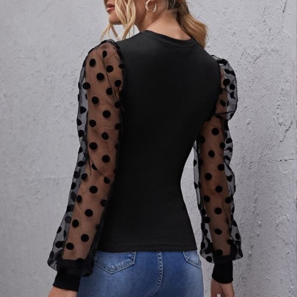 Black sheer long sleeve polka dot blouse fitted - Picture 4 of 5